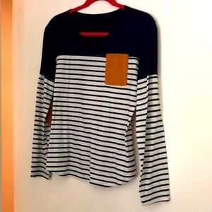 Navy & white stripe ls shirt, suede pocket & elbow